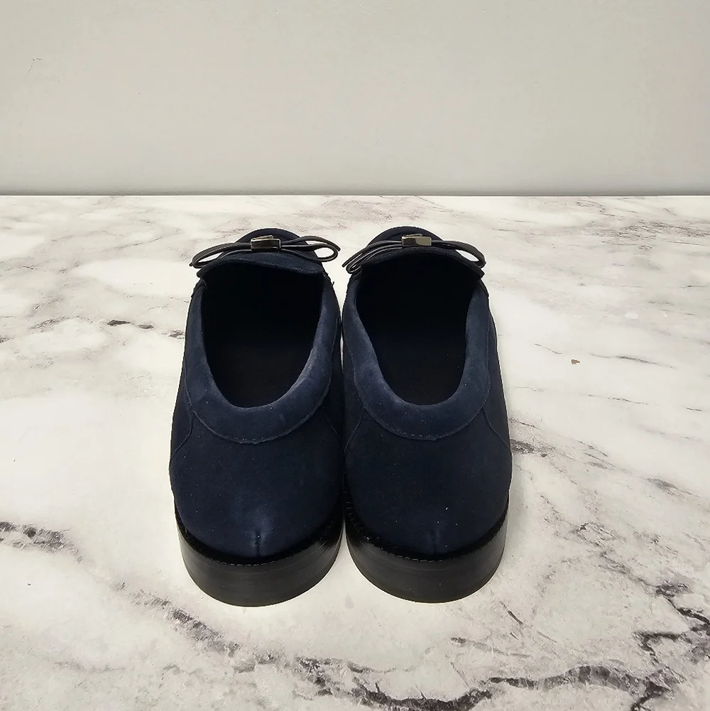 Kate Spade Deco Bow Dark Blue Suede Navy Blue Loafers with Gold Detail 6‎ NWT